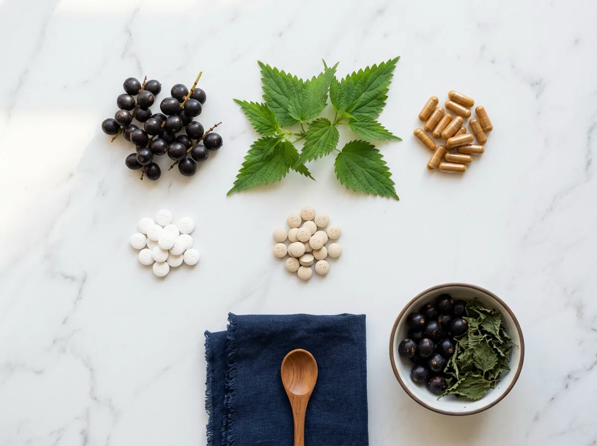 Natural botanical ingredients: saw palmetto berries and supplement capsules