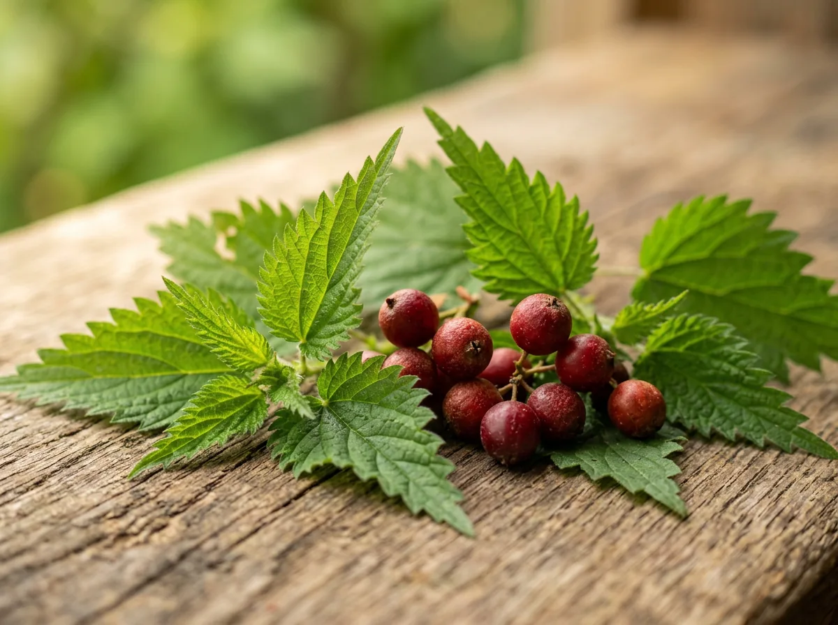 Fresh nettle leaves and saw palmetto berries - natural plant extracts for men's wellness