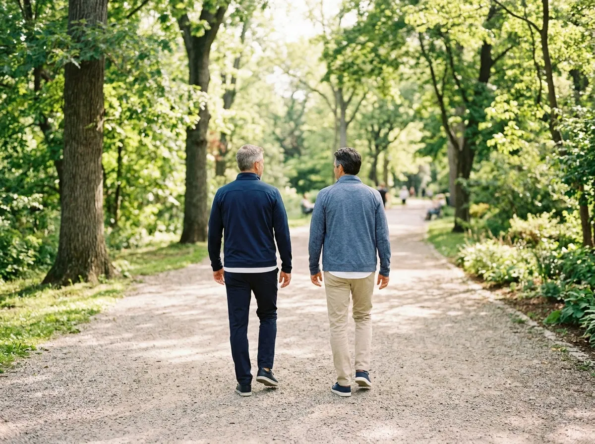 Two men walking in a park - men's wellness and active lifestyle over 50