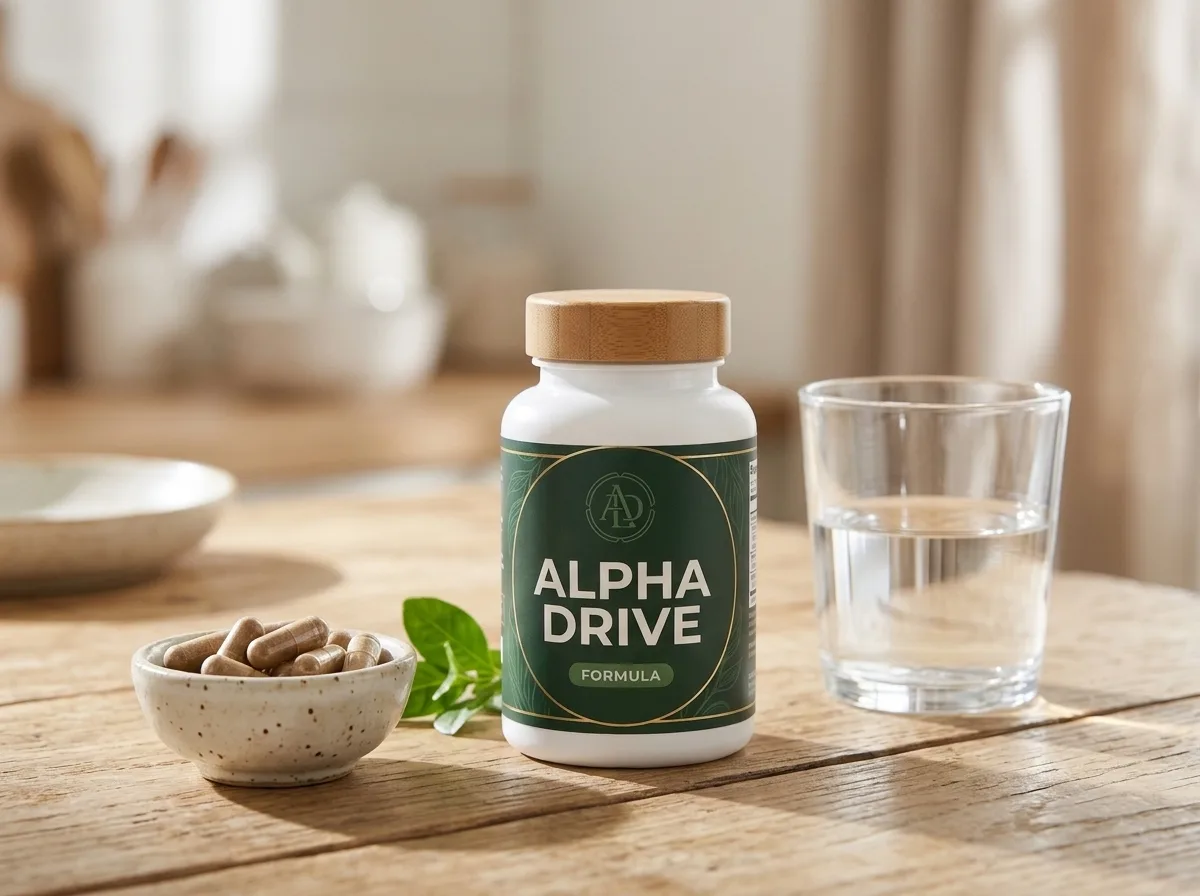 Alpha Drive Men's Wellness Formula supplement tub on a wooden surface